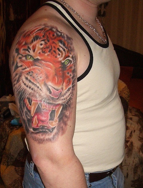 Stunning 3D like multicolored roaring tiger tattoo on shoulder