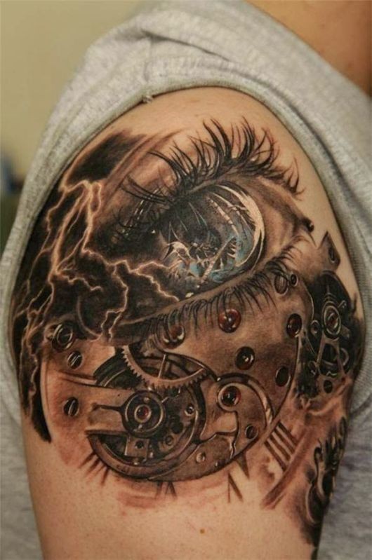 Stunning 3D realistic engineering mechanism with awesome eye tattoo on shoulder