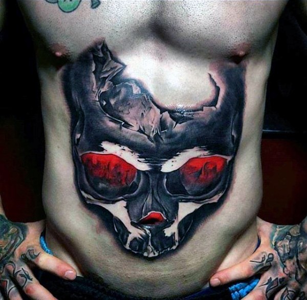 Stunning 3D style colored belly tattoo of corrupted human skull