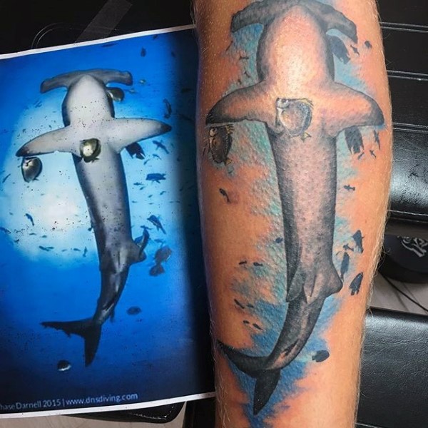 Stunning accurate painted colored leg tattoo of hammerhead shark