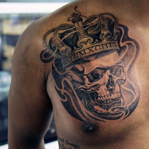 Stunning black and white chest tattoo of king skull with crown ...