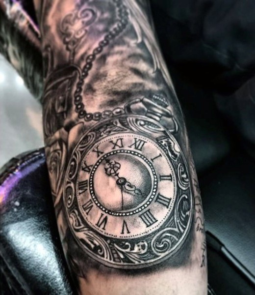 Stunning black and white gorgeous antic clock tattoo on arm