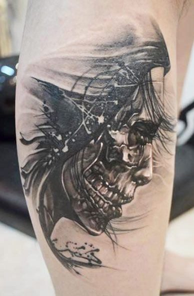 Stunning black and white horror style arm tattoo of mystical monster portrait