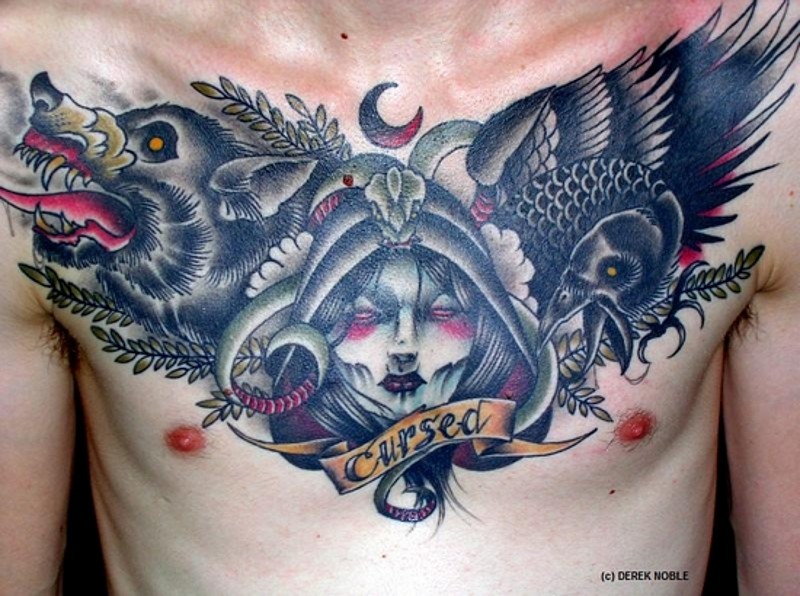 Stunning black and white multicolored hell dog and crow tattoo on chest combined with old witch face and lettering