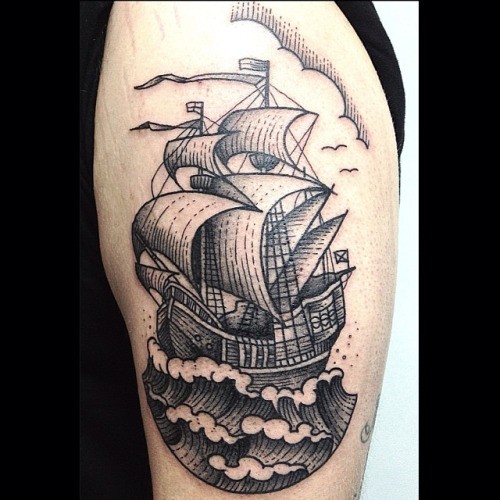 Stunning black and white old school shoulder tattoo of sailing ship