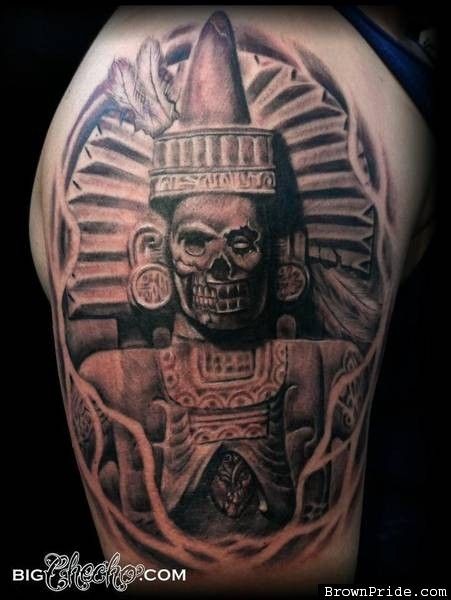Stunning black and white shoulder tattoo of antic stone statue