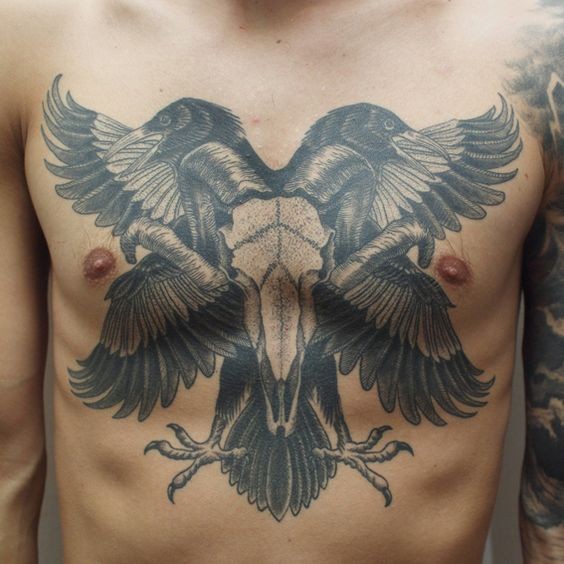 Stunning black ink animal skull tattoo on chest combined with natural looking crows