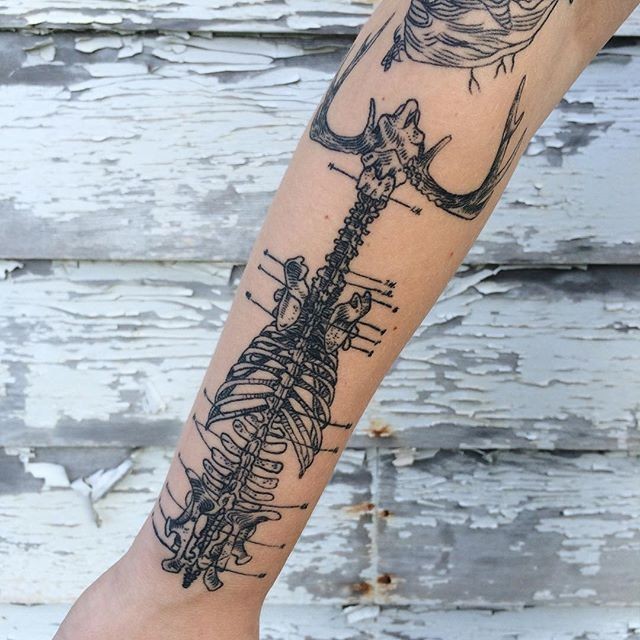 Stunning black ink arm tattoo of human skeleton with bones