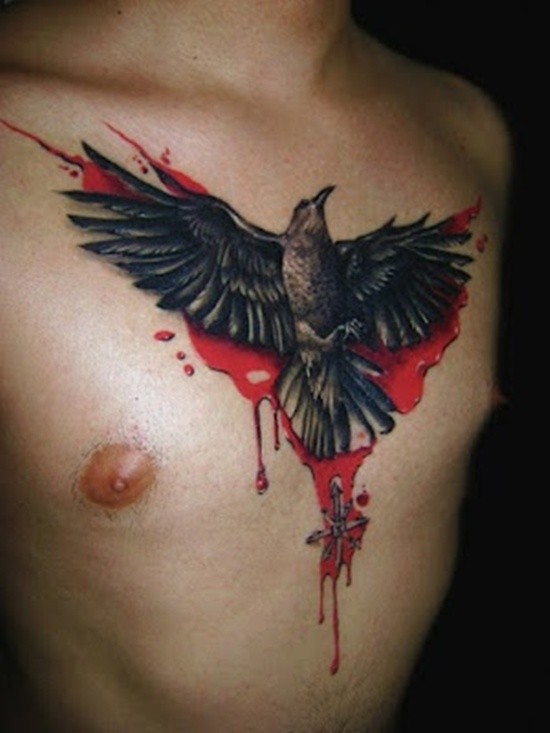 Stunning colored big colored chest tattoo of bloody crow and mystical symbol