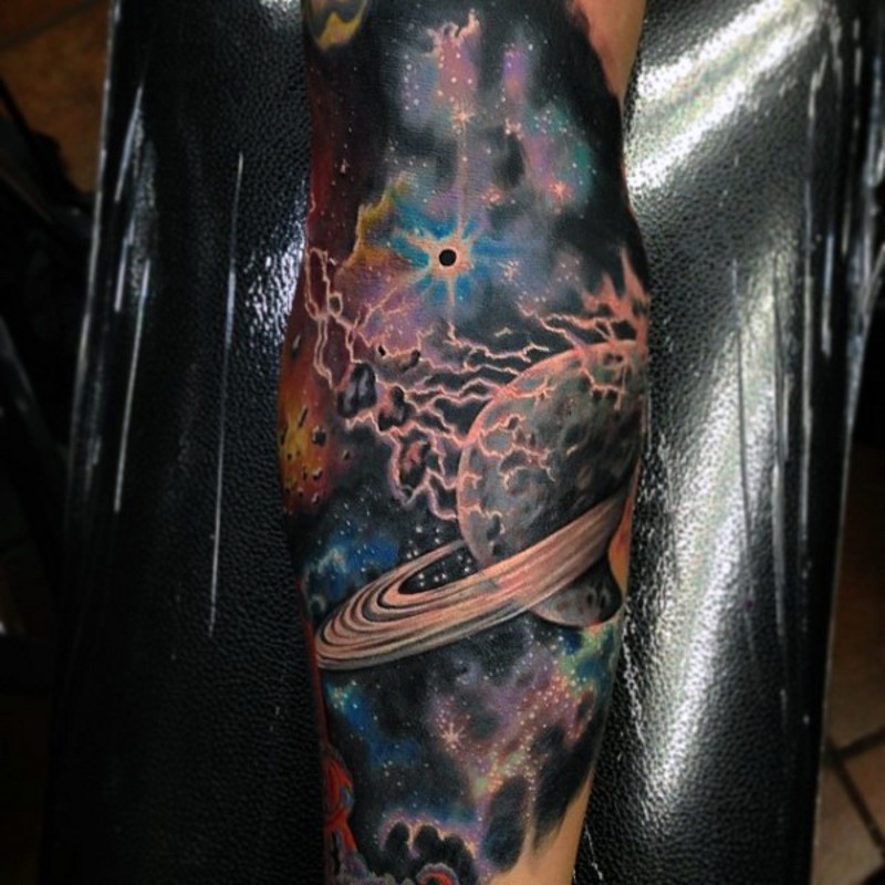 Stunning colored deep dark space tattoo on arm