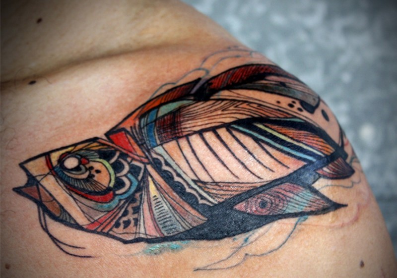 Stunning colored shoulder tattoo of big fish