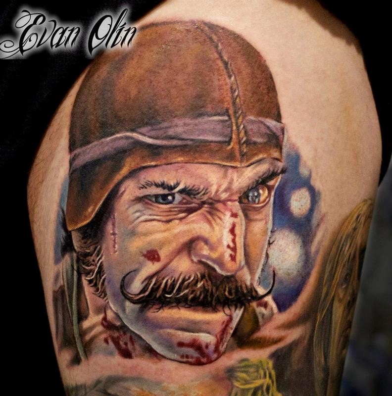 Stunning colored thigh tattoo of bloody old man portrait