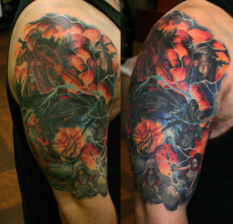 Stunning colored various video games heroes tattoo on shoulder