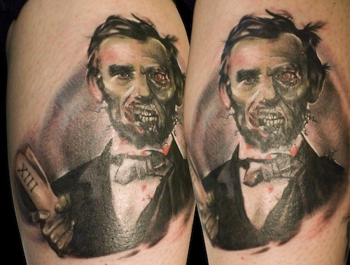 Stunning designed and colored leg tattoo of zombie American president