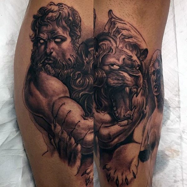 Stunning designed antic man fighting the lion tattoo on leg