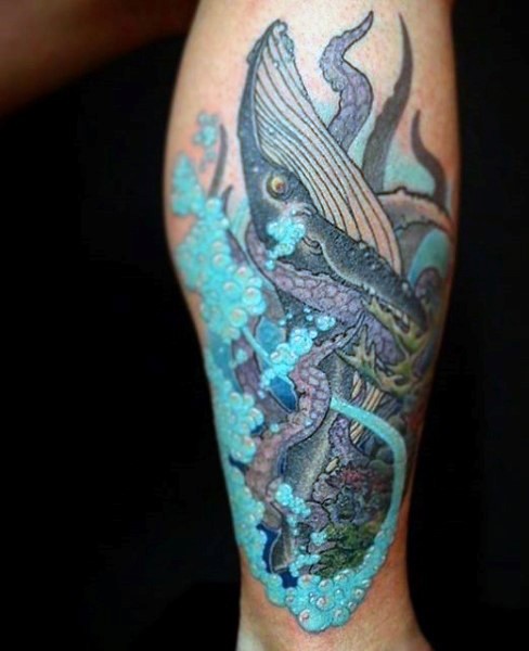 Stunning designed big colored wale with octopus tattoo on leg