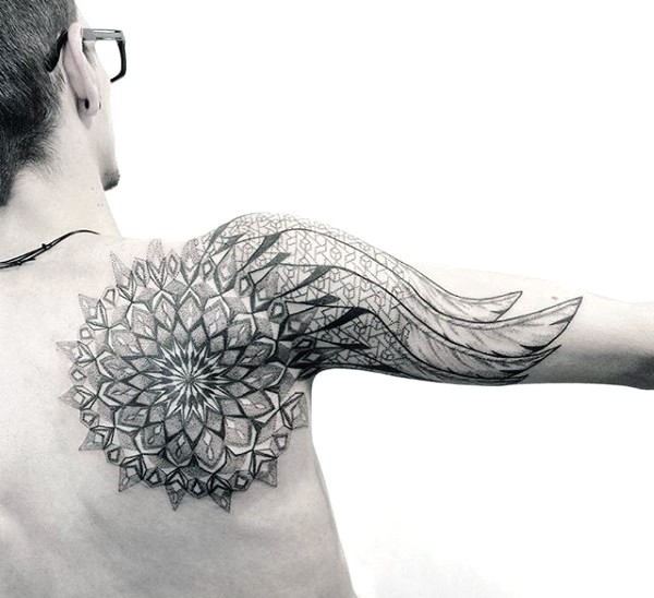 Stunning designed massive geometrical flower with wing tattoo on shoulder