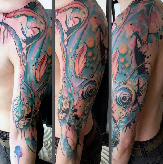 Stunning designed multicolored big squid tattoo on sleeve