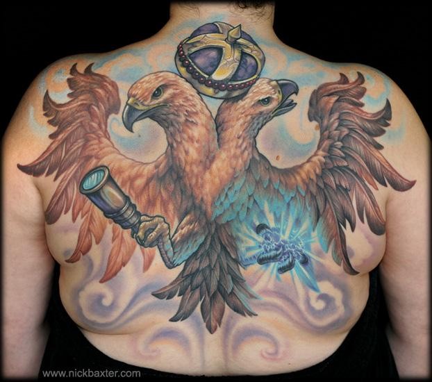 Stunning fantasy designed colored eagle with two heads tattoo on upper back
