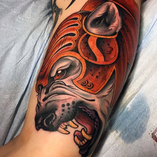 Stunning illustrative style colored arm tattoo of fantasy wolf