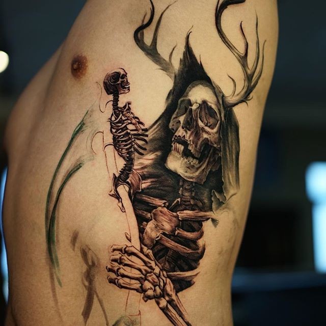 Stunning illustrative style side tattoo of grim reaper with deer horns