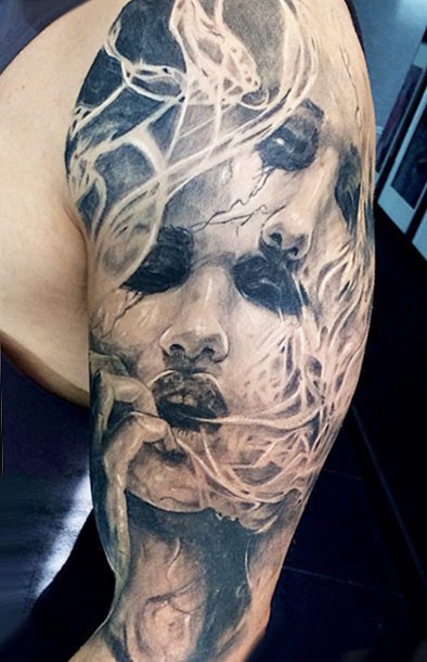 Stunning looking black ink half sleeve tattoo of creepy woman face with smoke