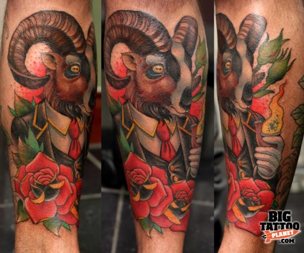 Stunning looking colored leg tattoo of smoking goat tattoo stylized with roses