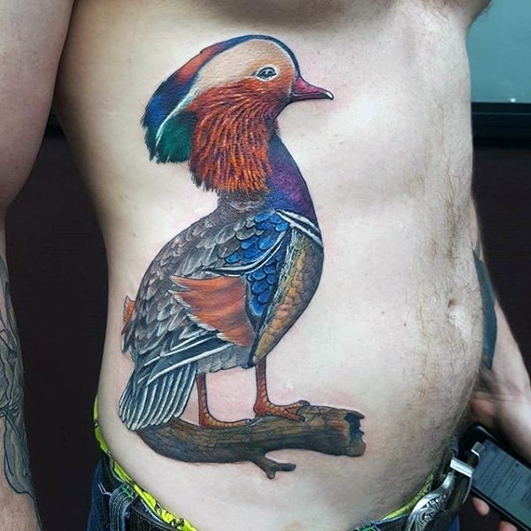 Stunning looking colored side tattoo of interesting looking bird
