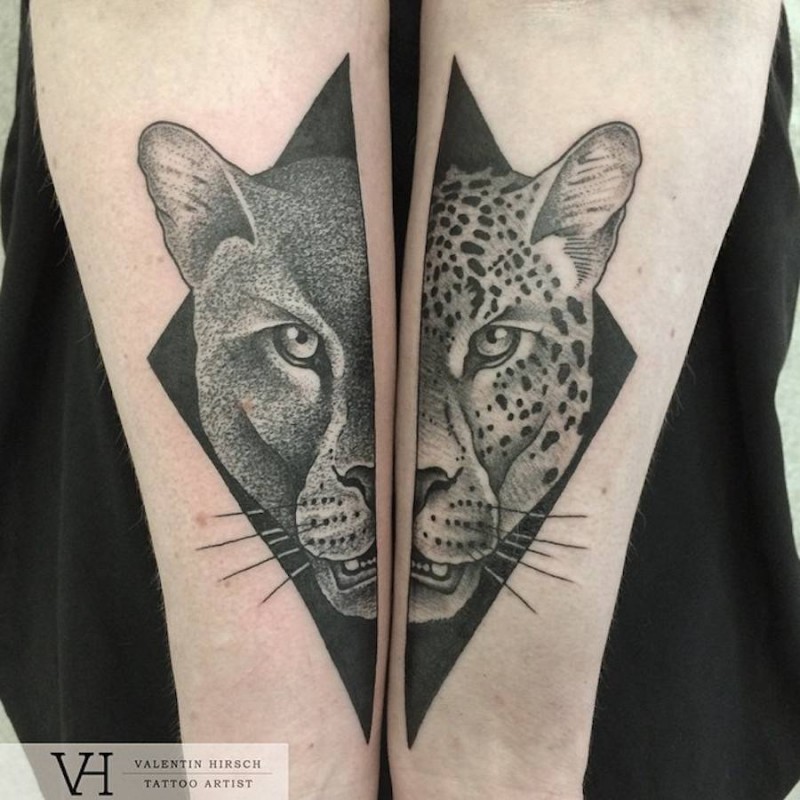 Stunning made by Valentin Hirsch split forearm tattoo of various animals