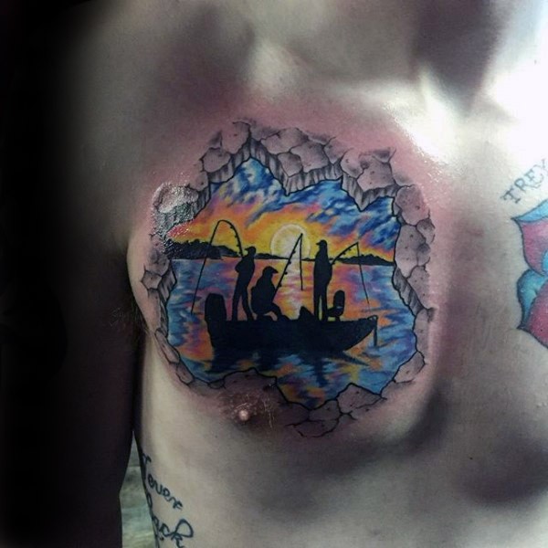 Stunning multicolored chest tattoo of fishermen in boat