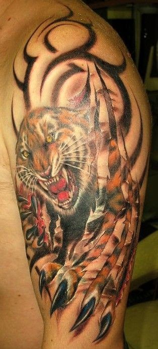 Stunning multicolored evil tiger tattoo on shoulder