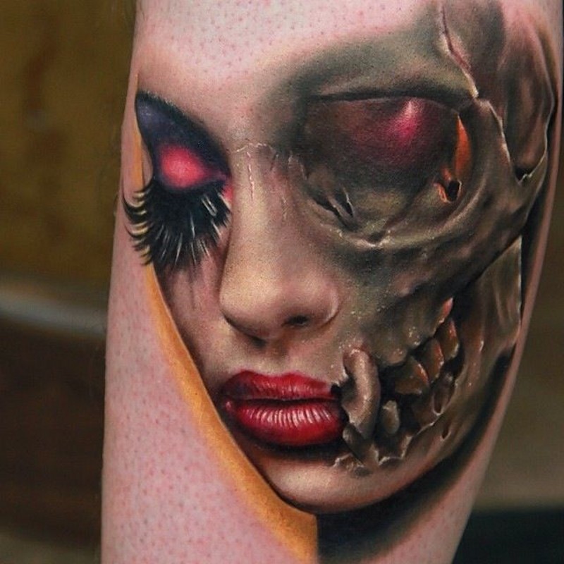 Stunning multicolored leg tattoo of detailed half woman half skull portrait