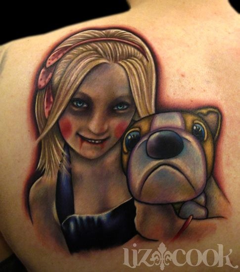 Stunning multicolored scapular tattoo of creepy girl with dog