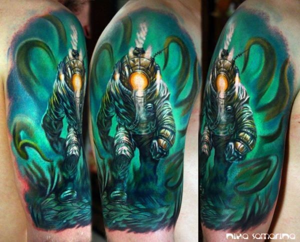 Stunning new school style shoulder tattoo of underwater diver