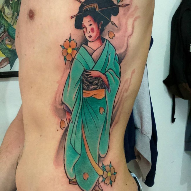 Stunning old school colored side tattoo of geisha woman and flowers