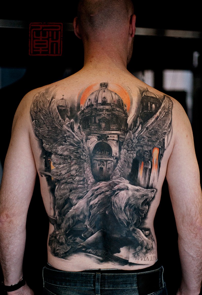Stunning painted colored whole back tattoo of antic cathedral combined with mysterious lion with wings