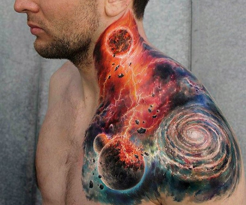 Stunning painted very detailed and colored deep space tattoo on shoulder and neck