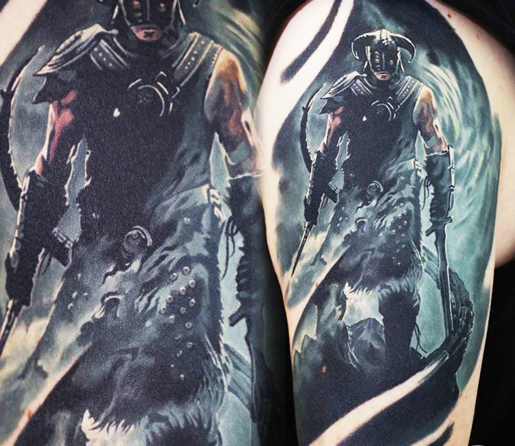 Stunning real photo like colored Dragonborn gorm Skyrim video game tattoo on shoulder area