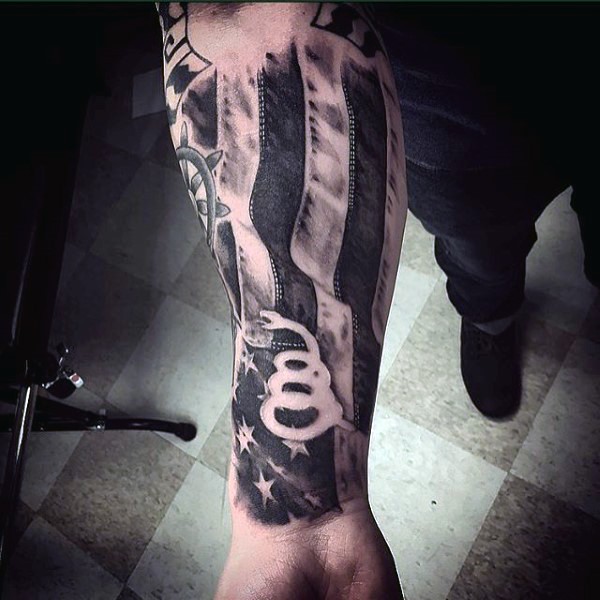 Stunning very detailed black ink American flag forearm tattoo stylized with white snake