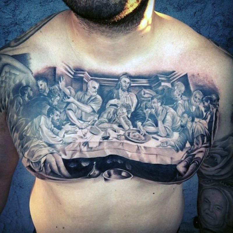 Stunning very realistic looking black and white Lord&quots Supper like tattoo on chest