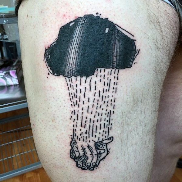 Stupid simple painted black ink rain with hands tattoo on thigh