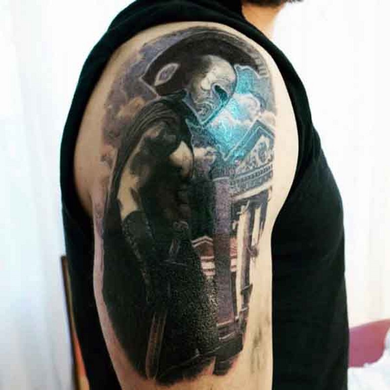 Stylish colored ancient warrior tattoo on shoulder