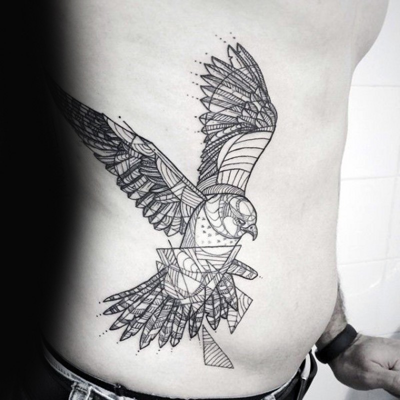 Stylized flying eagle side tattoo in geometrical style