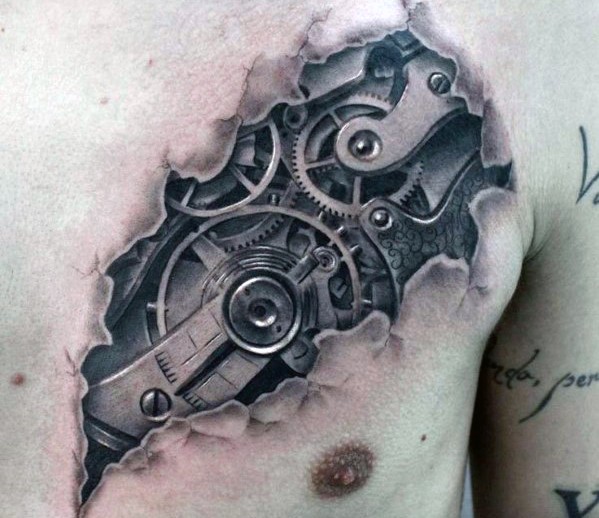 Tatuaje en el pecho, mecanismos debajo de la piel, idea interesante