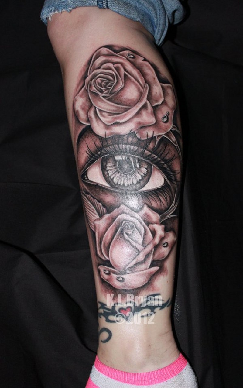 Super combined realistic sad eye with flowers tattoo on leg