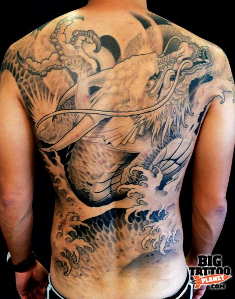 Super giant unfinished black and white Asian dragon whole back tattoo with water splashes