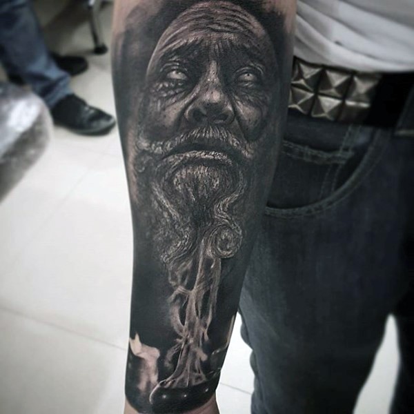 Super realistic detailed old wizard tattoo on arm