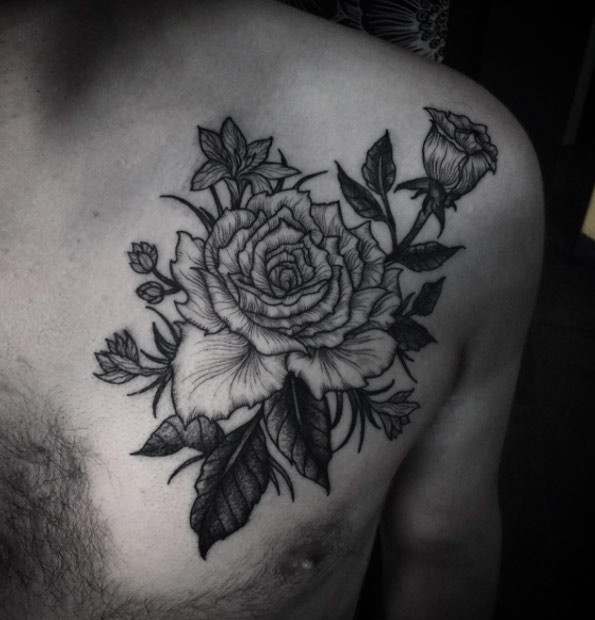 Super realistic detailed rose flower bush tattoo on shoulder