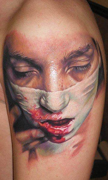 Super realistic horror tattoo on shoulder