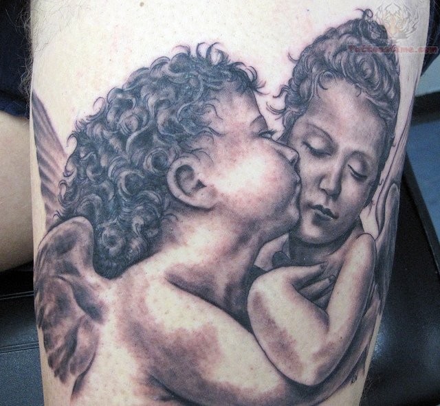 Super realistic kissing cherub baby tattoo